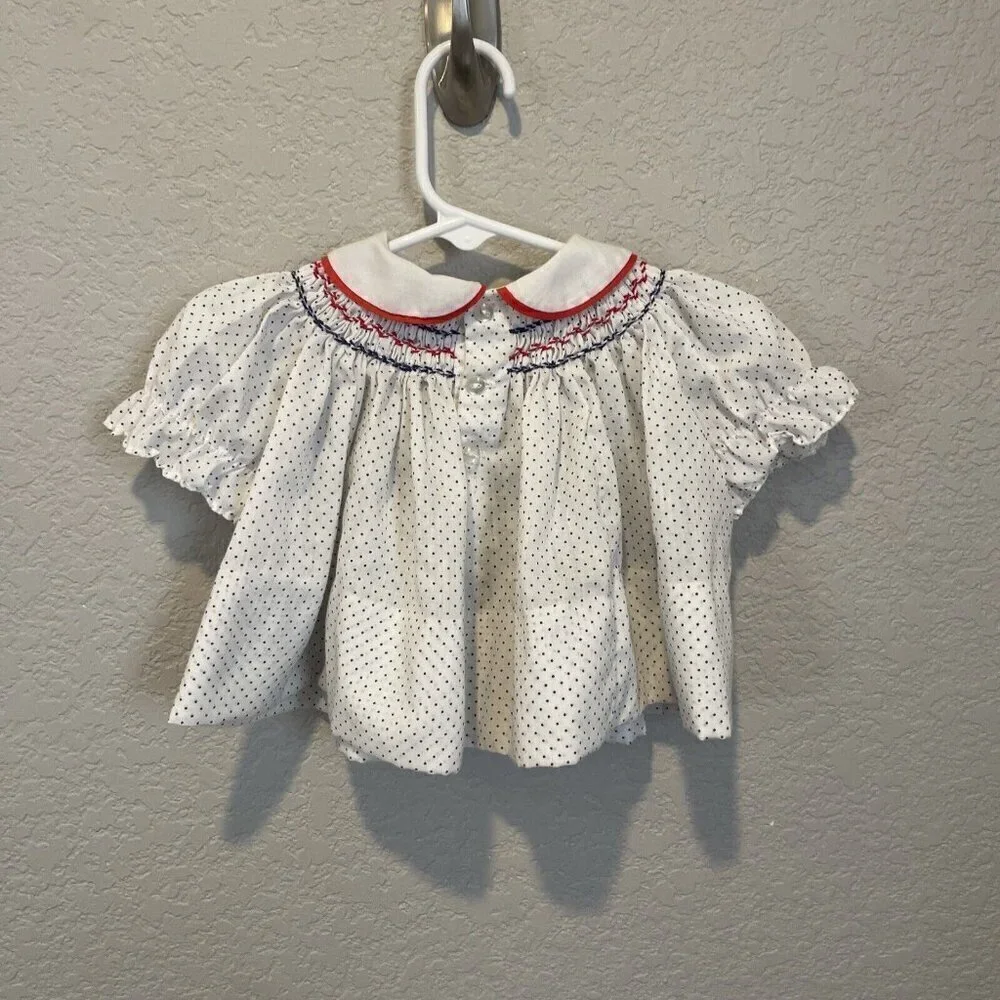 Vintage The Smockery Red White Polka Dot Smocked Dress Size Puff Sleeves 3-6M